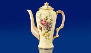 Royal Worcester Hand Painted Floral Coffee Pot. Date 1893, lemon colourway. 7.5 inches tall.