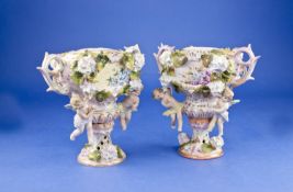 Volkstedt Hausmaler Fine Pair Of Two Handled Decorative Vases, Circa 1890. Each 6`` in height.