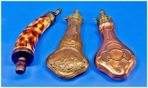 Two Copper Powder Flasks, Both With Embossed Decoration One Showing A Hunting, Both With Brass