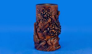 Carved Chinese Bamboo Brush Pot: Finely carved with flower heads and birds on a rocky base. 8in.