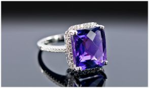 14ct White Gold Amethyst & Diamond Ring, Set With An Emerald Cut Purple Amethyst (Estimated Weight