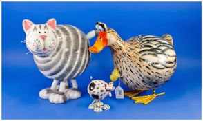 Animal Antics Ceramic Rocking Figures (4) in total. Large duck and cat figures, 11 inches and 11.5