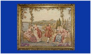 Gilt Framed Tapestry Picture after Antoine Watteau. `Gentleman on a Veranda with elegant ladies`.