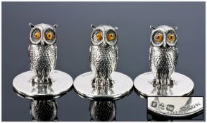 Sampson Mordan & Co. Silver Menu Card Holders Fine set of three formed as standing owls with Amber