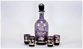 Murano Amethyst Glass Liqueur Set with various Venetian scenes including the Doge`s Palace,