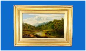 Framed Oil on Canvas. `River landscape with Cattle by Stream`. 19.5 by 12 inches. Unsigned.