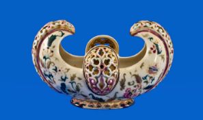 Zsolnay Curved Boat Shape Posy Bowl with open, reticulated, domed, oval panels to front and back,