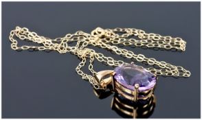 9ct Gold Amethyst Pendant, Suspended On A 9ct Gold Fine Link Chain, With Box.