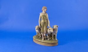 Royal Dux Figure Group `Young Girl With Sheep` Circa 1890. Pink triangle to base. stands 10`` in