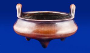 Chinese Bronze Censer with Light Brown Patination and Loop Top Handles, supported on 3 tapering