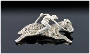 Silver Brooch In The Form Of A Jockey And Horse, Set With Marcasite, Stamped 925, Length 37mm