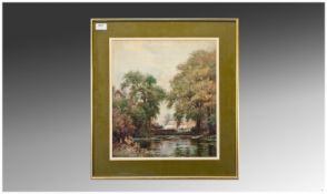 Fine Watercolour of A River Landscape with a bridge, horse and cart and figures crossing. By W Kay