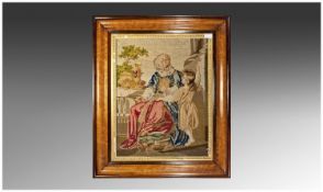 Fine Woolwork Of Eli & Samuel In A Garden Setting, in a Maple frame. 26x32``. Circa 1860/80