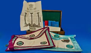 Wooden Masonic Case Containing Two Aprons, Books And A Silver 1886 Enamelled Fob, Lodge Of