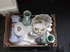 Box of Miscellaneous Ceramics including ribbon plates, Oriental bowl, Yardley soap dish, tall vase,