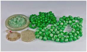 Collection Of Jade Coloured Jewellery, Comprising 54 Inch Bead Necklace, 46 Inch Bead Necklace, Two