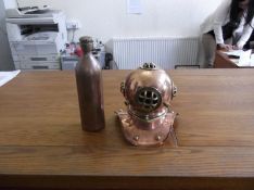 Reproduction Copper Miniature Diving Helmet, together with a copper bottle.