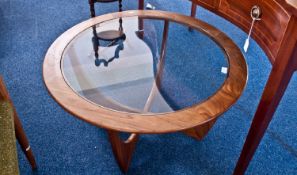 G Plan Solid Teak Circular Topped Coffee Table, the base with a cross frame construction, 18 inches