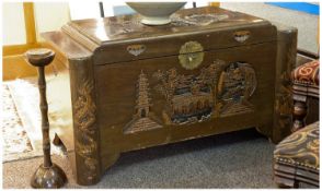 Large Chinese Camphor Chest, with carved decoration to top and sides, together with Chinese style