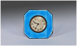 Silver Art Deco Enamelled Strut Clock, Of Square Form With Canted Corners, Blue Guilloche Enamelled