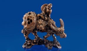 Chinese 19th Century Rootwood Carving of a Chinese Boy Riding a water buffalo with pressed horn