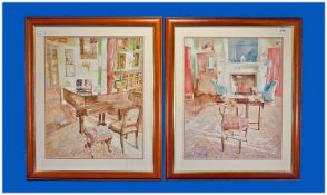 Richard Akerman (b.1942) Pair Of Room Interior Scenes with a piano chair & tables. Watercolours.