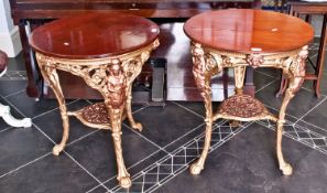 Pair of Late Victorian Cast Iron Garden Tables, of circular form, later painted in gold and fitted