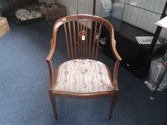 Edwardian Mahogany Tub Chair, in the Sheraton style, the top rail continuous with the arms, curving