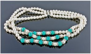 Turquoise and Shell Pearl Triple Strand Necklace, three strands of white shell pearls, alternating,