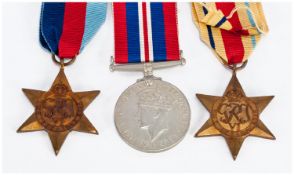 World War II, set of 3 medals. A). 1939-45 medal, B). Africa Star, C). 1939-45 Star. Awarded to R.