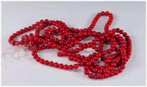 Five Strand Red Coral Bead Necklace, Each Length Approx 16 Inches. Weight 150 Grammes.
