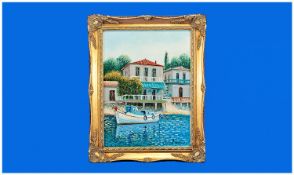 Indistinctly Signed (Greek? Oil) Moored Boat On A River By A Row Of Houses With Red Roofs. oil on