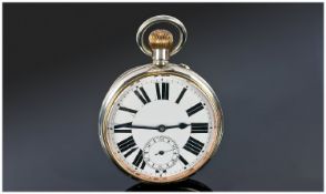 A Huge Open Faced Railroad Type Keyless Pocket Watch. Bold Roman numerals and with a substantial