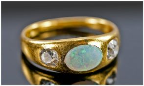 18ct Gold Opal And Diamond Ring, Central Opal Set Between Two Old Cut Diamonds, Gypsy Set,