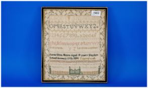 Framed Victorian Sampler, dated 1894. By Annie Aliza Moore, aged 10. 9.5 by 11 inches.