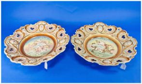 Large Pair of Lonitz German Majolica Wall Plaques, both with central roundels in low relief, one