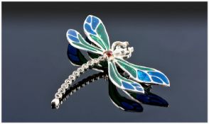 Silver Enamelled Brooch, Realistically Modelled In The Form Of A Dragonfly. Stamped 925