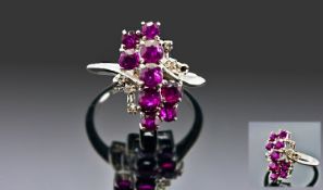 White Gold Ruby And Diamond Ring, Set With A Cluster Of Rubies And Small Round Diamonds, Ring Size