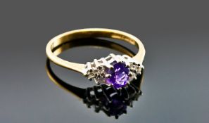 9ct Gold Dress Ring, Set With A Central Amethyst Between Six Round Diamonds, Fully Hallmarked, Ring