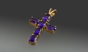 9ct Gold Amethyst Set Pendant Cross, Fully Hallmarked, Height Including Bale 26mm