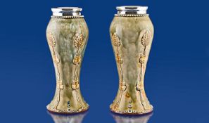 Royal Doulton Fine Pair of Silver Banded Art Nouveau Vases, hallmark London 1915 with incised and