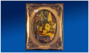 An Unusual Convex Oval Panel Picture showing a cat family. Gilt frame. 10.5  by 15 inches