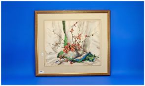 Phyllis Hibbert (local artist). Signed lower left. `Cherry Blossom in Conche Shell`.. 18.5 by 15