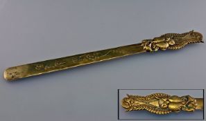 19thC Japanese Bronze/Brass Page Turner, Engraved Blade and Low Relief Handle Depicting Front And