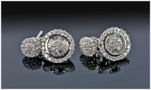 18ct White Gold Diamond Drop Earrings, Comprising A Gallery Set Cluster Of Round Modern And