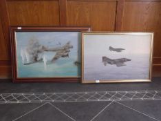 G Lea Two Framed Aircraft Oil on Canvas Paintings `Fighter Jet` and `WW2 Propeller Plane in