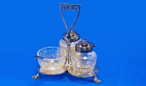 Victorian Silver Plated Aesthetic Design Cruet Set, The Glass Bowls With Greek Key Etching, Later