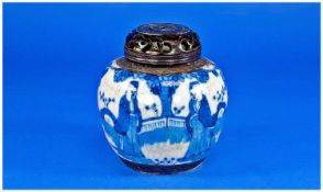 A Small Chinese 19th Century Crackleware Glazed Blue & White Lidded Bulbous Ginger Jar, decorated