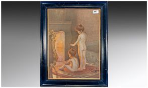 Pears Framed Soap Print of two children sitting in front of the fire, oval mount together with
