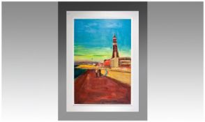 Paul Bassingthwaighte 1963 Titled `Last Light, Blackpool` Oil on board. Signed in pencil by the